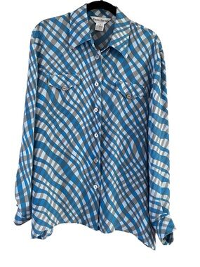Paolo Santini 100% Silk Blouse Vintage Blue Wavy Plaid Long Sleeve Top
